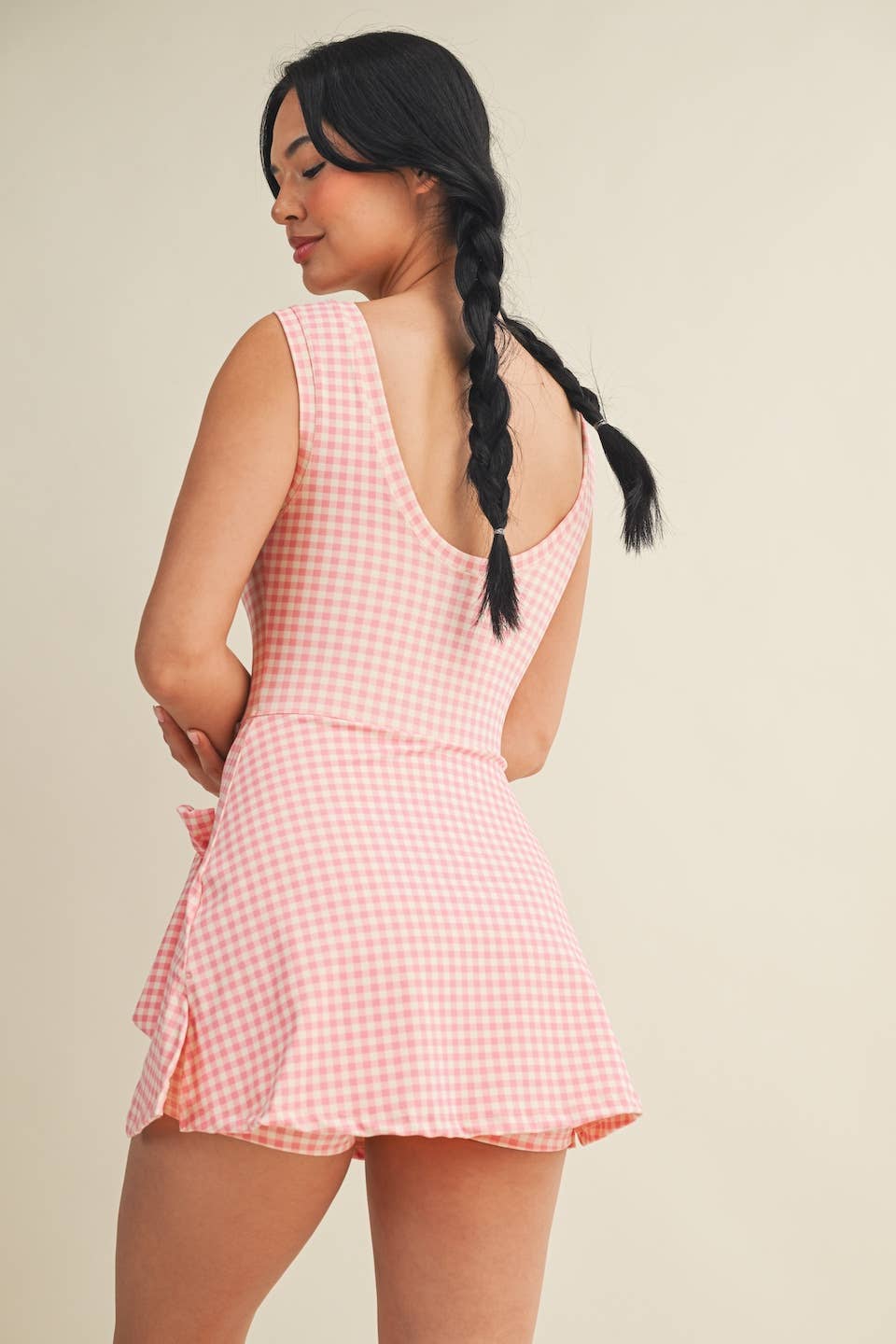 Gingham Print Sleeveless Wrap Tie Front Dress : Purple Gingham