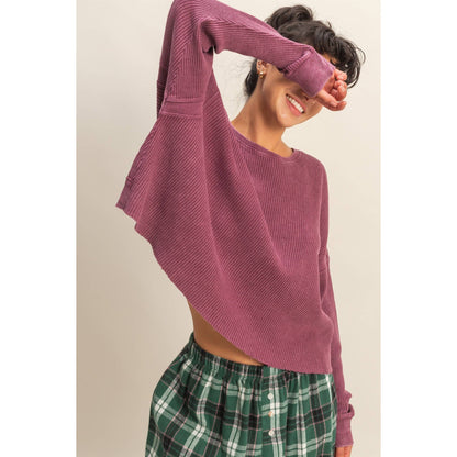 Open Back Textured Knit Long Sleeve Top: CHESTNUT