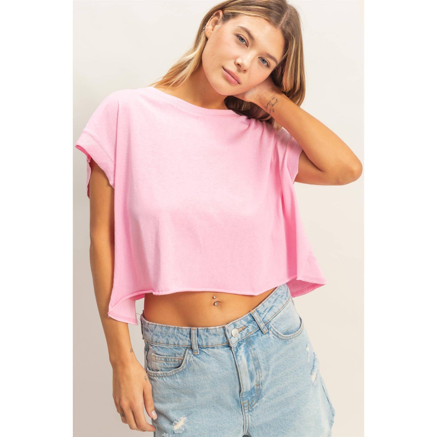 Boxy Crew Neck Top: PINK