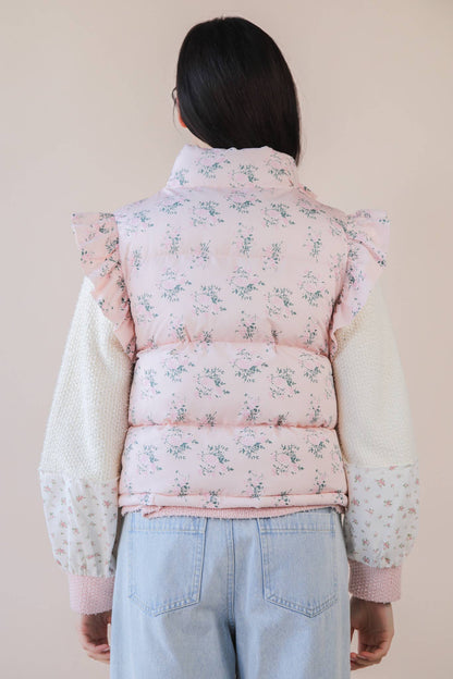 NJ90385-Front Bow Ruffle Sleeve Puffer Vest: SAGE