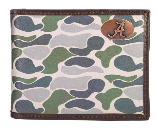 Alabama Crimson Tide Men's Bifold Old School Camo Leather Wallet.: Green/Gray Camo