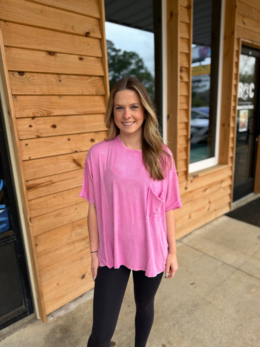 WASHED RIBBED CUFFED SHORT SLEEVE ROUND NECK TOP - Candy Pink - RTW- 8494A