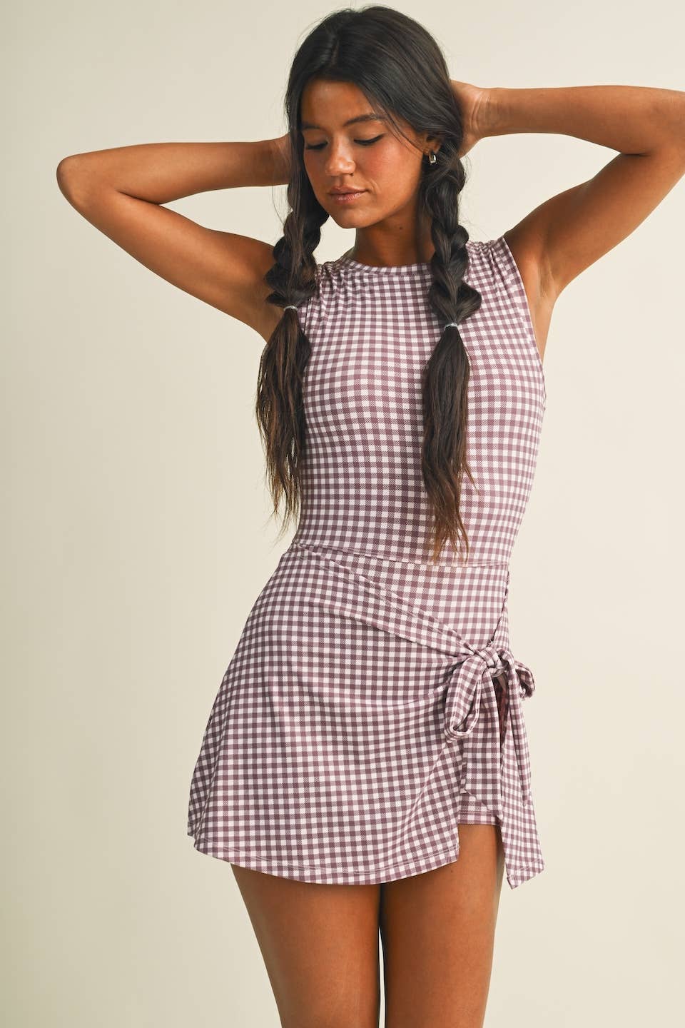 Gingham Print Sleeveless Wrap Tie Front Dress: Mauve Pink Gingham / S