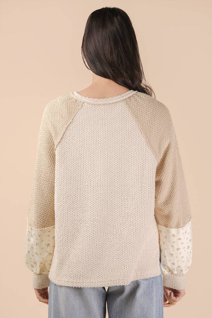 NT12328-Raglan Sleeve Color Block Casual Textured Knit Top: BABY BLUE