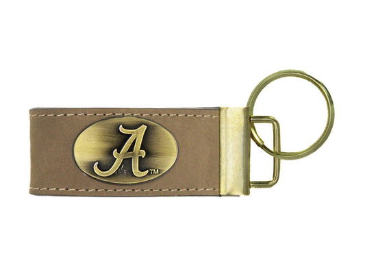 Collegiate Leather Key Fob. Crazyhorse Full Grain Leather With Antique Brass Logo- Alabama Crimson Tide