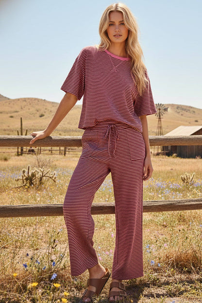 Striped Knit Top and Pants Set: HEATHER GREY/WHITE