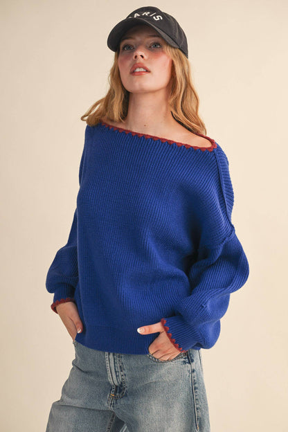 BOAT NECK TRIANGLE STITCH PUFF SLEEVE SWEATER MSW11245: CHOCOLATE CREAM