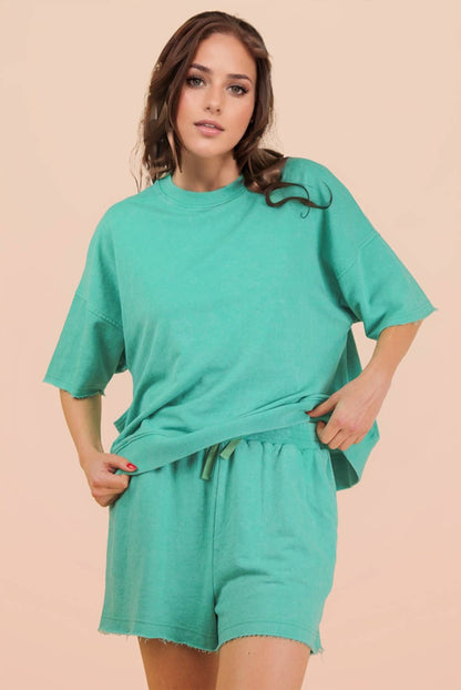 Mineral Washed Knit Casual Top & Shorts: CORAL