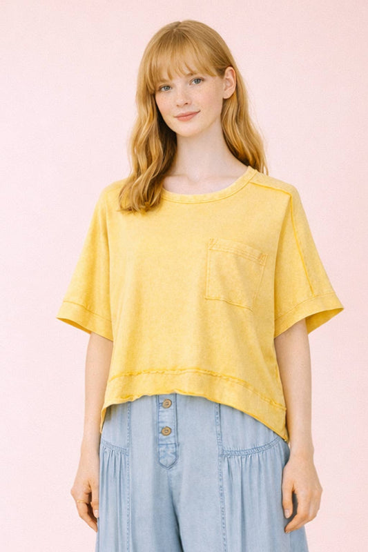 NT11429-Mineral Washed Oversized Crop Comfy Knit Top: YELLOW