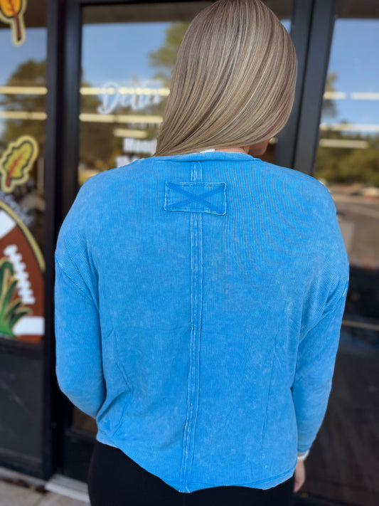 Washed Ribbed Dolman Sleeve Round Neck Top - Deep Sky - RTW-8444A