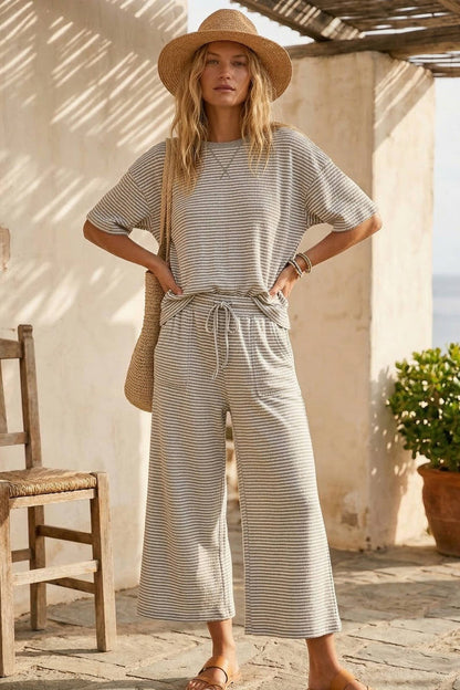 Striped Knit Top and Pants Set: HEATHER GREY/WHITE