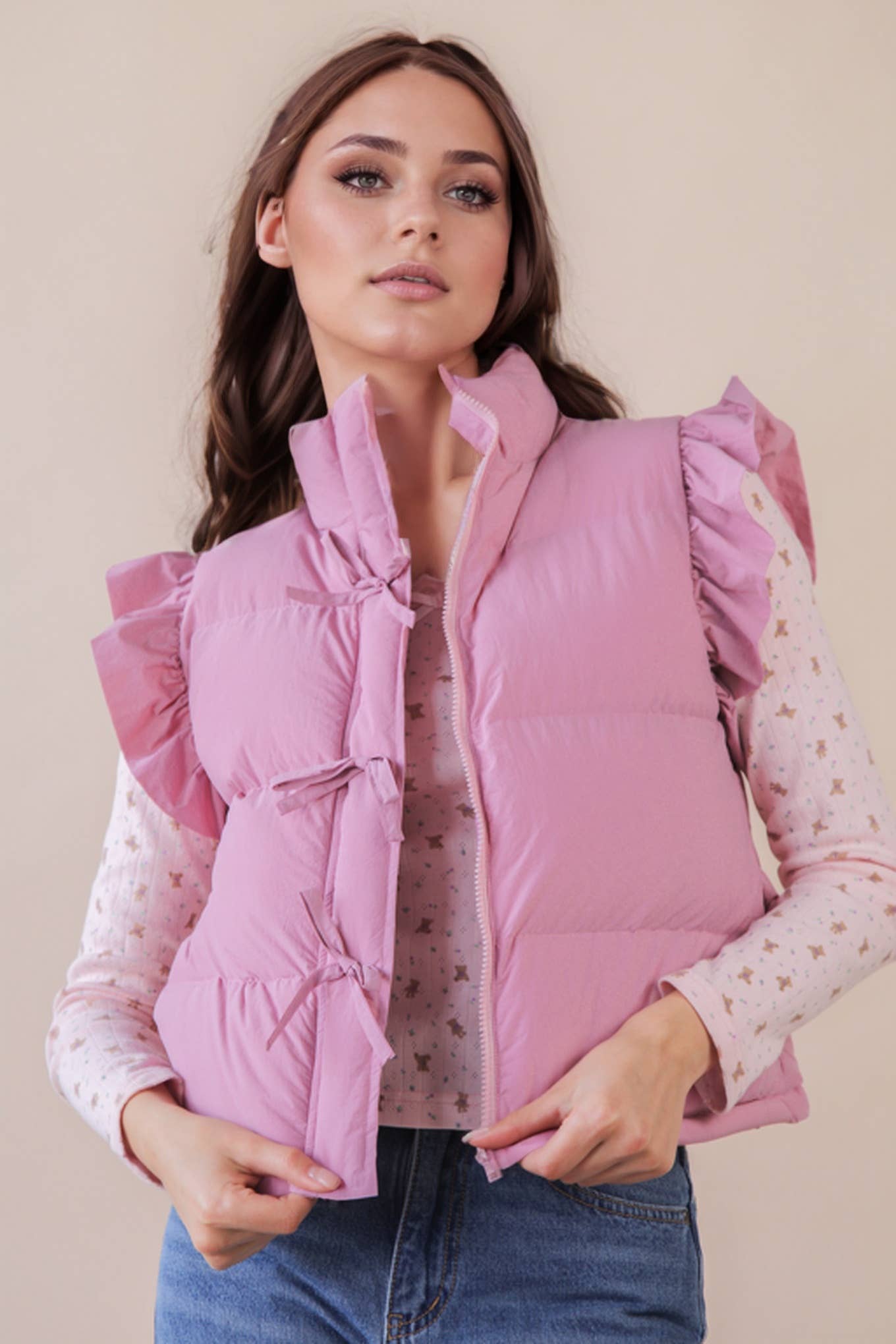 NJ90385-Front Bow Ruffle Sleeve Puffer Vest: SAGE