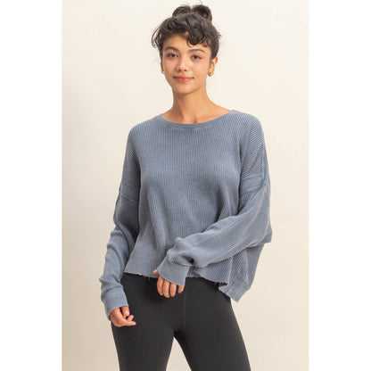 Open Back Textured Knit Long Sleeve Top: CHESTNUT