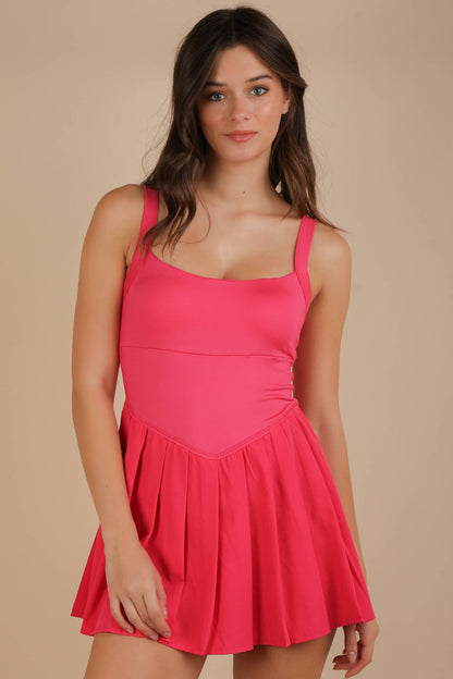 ND31725-Pleated Skirt Activewear Dress W/ Under Shorts: HOT PINK