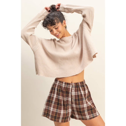 Open Back Textured Knit Long Sleeve Top: CHESTNUT