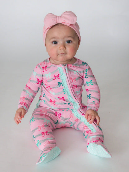 SoftSnooze™ Baby Girls Cotton Modal Sparkle Pink Tinsel Tidings Footed Ruffle One Piece Pajama
: Pink