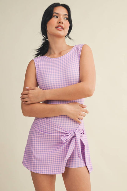 Gingham Print Sleeveless Wrap Tie Front Dress : Purple Gingham
