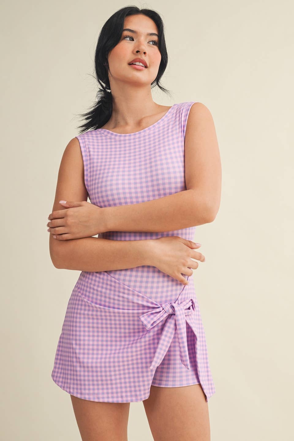 Gingham Print Sleeveless Wrap Tie Front Dress : Pink Gingham