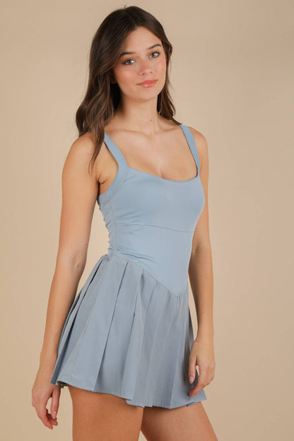 ND31725-Pleated Skirt Activewear Dress W/ Under Shorts: SKY