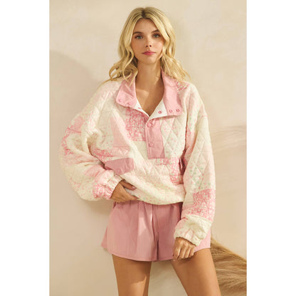 Textured Contrast printed Quarterzip Sweater: Pink Combo