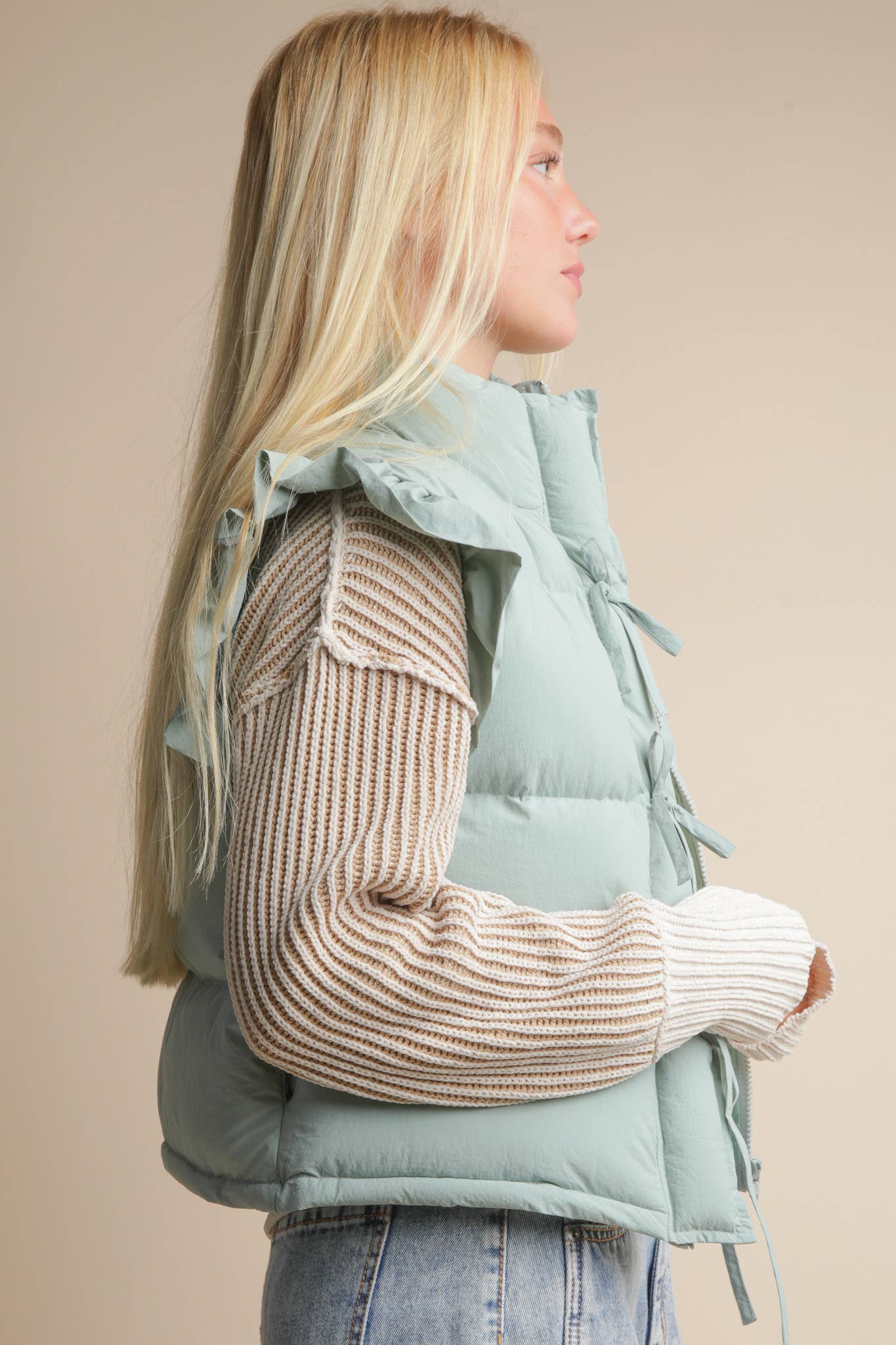 NJ90385-Front Bow Ruffle Sleeve Puffer Vest: SAGE