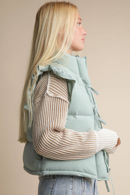 NJ90385-Front Bow Ruffle Sleeve Puffer Vest: SAGE