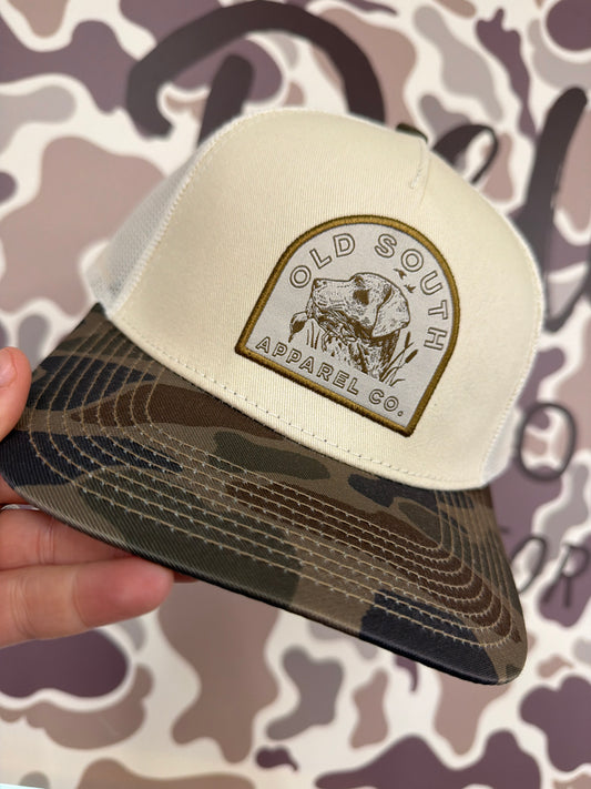 Old South Hunting Dog - Trucker Hat - Creme/Thicket Camo