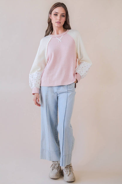 NT12328-Raglan Sleeve Color Block Casual Textured Knit Top: BABY BLUE