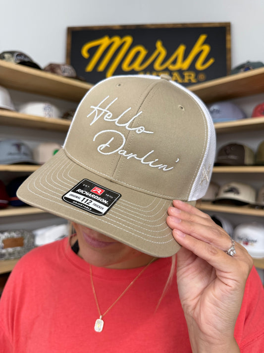 Hello Darlin Trucker Hat: Trucker Khaki/ White