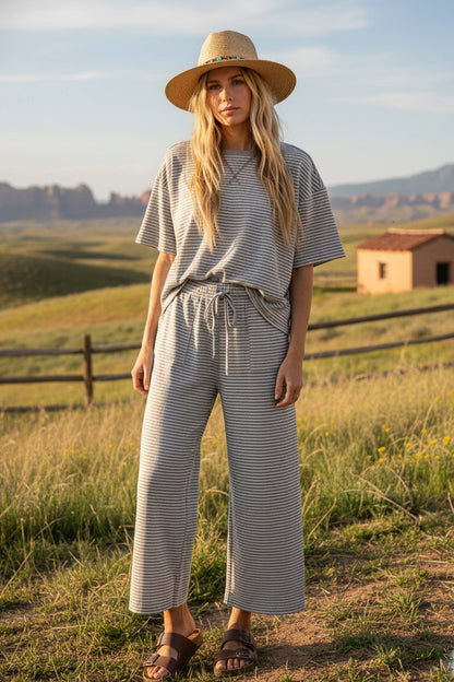 Striped Knit Top and Pants Set: HEATHER GREY/WHITE