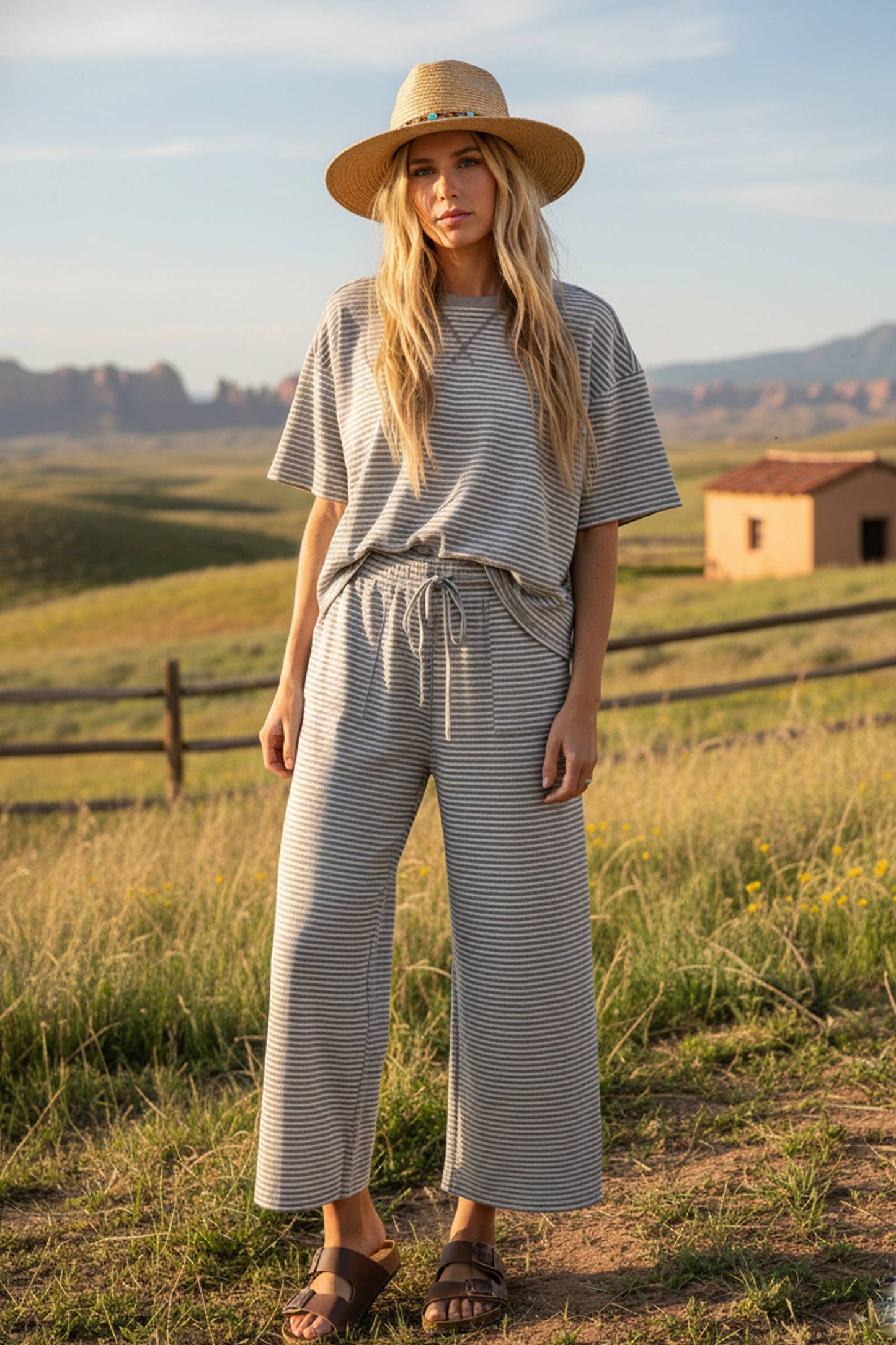 Striped Knit Top and Pants Set: MINT/LILAC