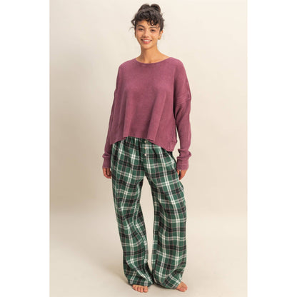 Open Back Textured Knit Long Sleeve Top: CHESTNUT