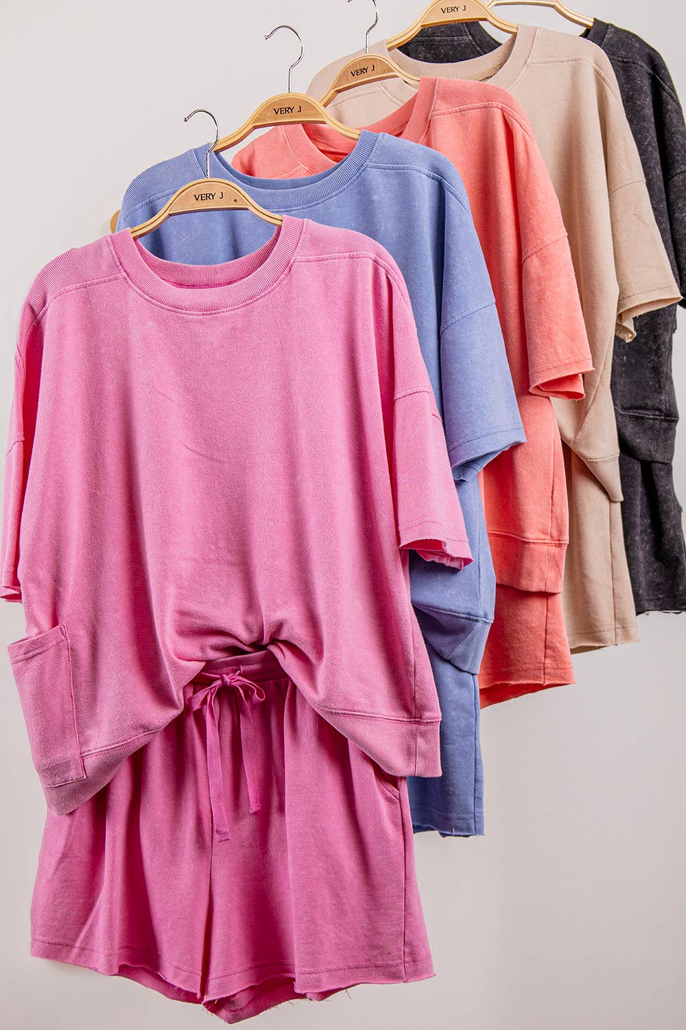 Mineral Washed Knit Casual Top & Shorts: DENIM