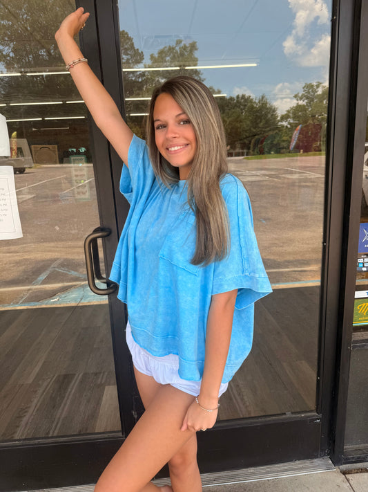 Halo Snow Washed Oversized Crop Box Tee - Sky Blue - CTW- 3390A5