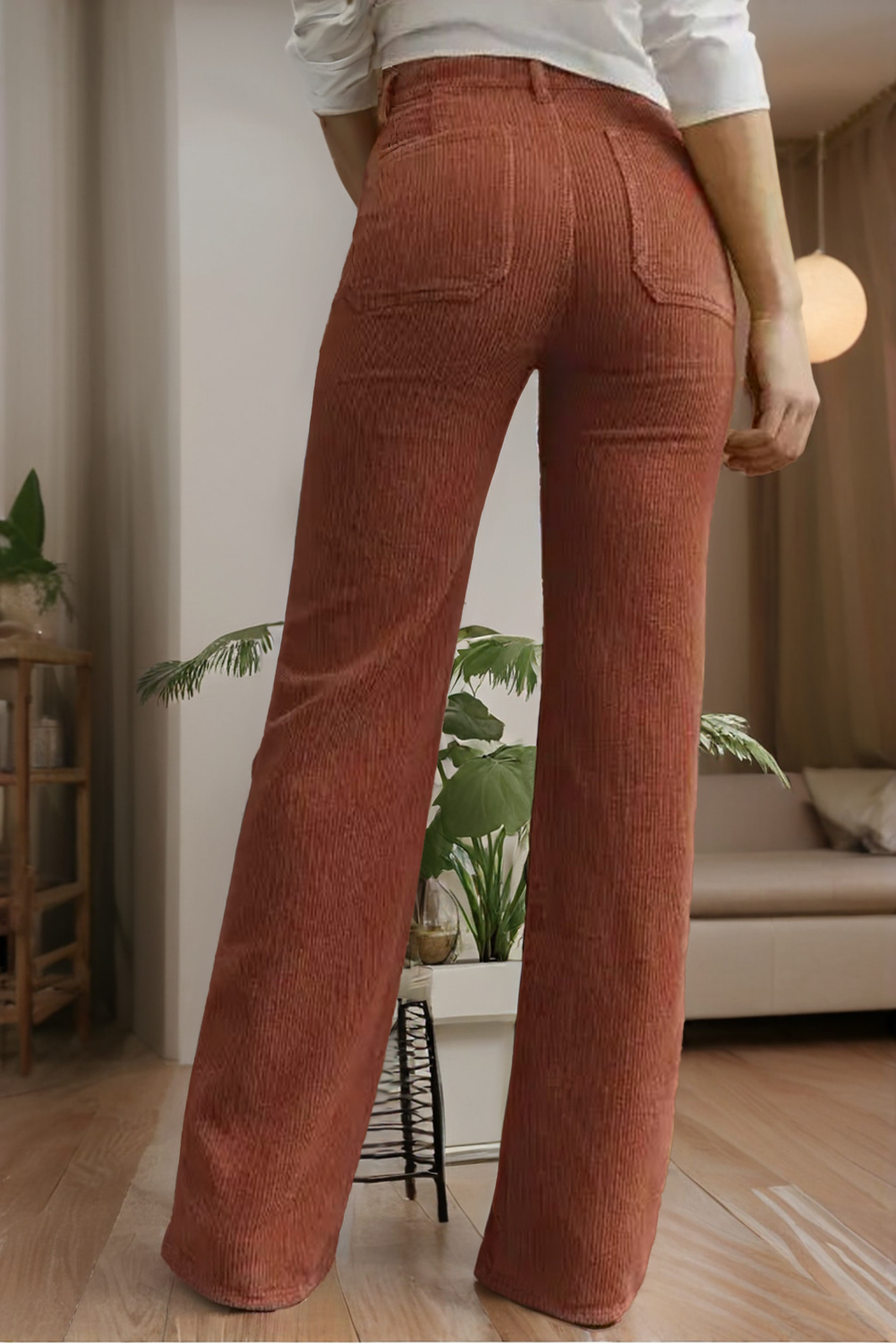 High Waist Square Pockets Corduroy Pants: Brown / S