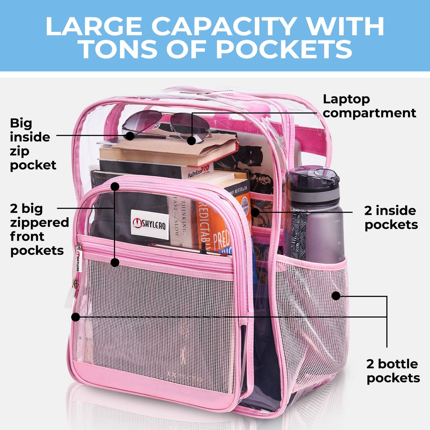 Clear Backpack For School XL | Top YKK® Zip | Pink Rhino: Pink Rhino