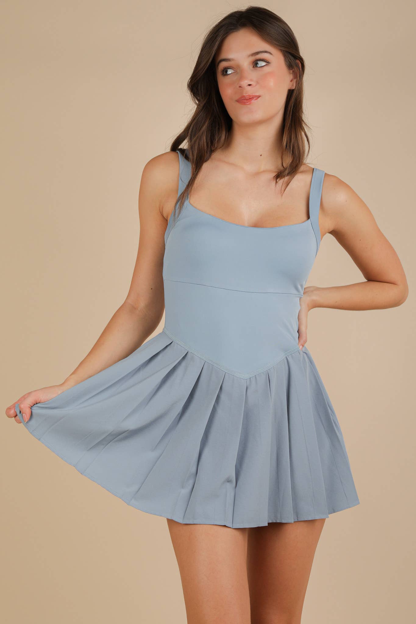 ND31725-Pleated Skirt Activewear Dress W/ Under Shorts: SKY