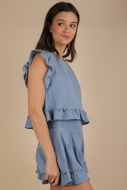 NT12150SET-Ruffled Solid Woven Top & Shorts Set: SAGE