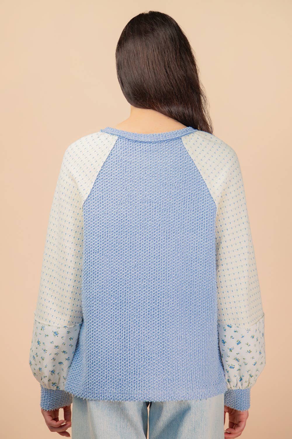 NT12328-Raglan Sleeve Color Block Casual Textured Knit Top: BABY BLUE