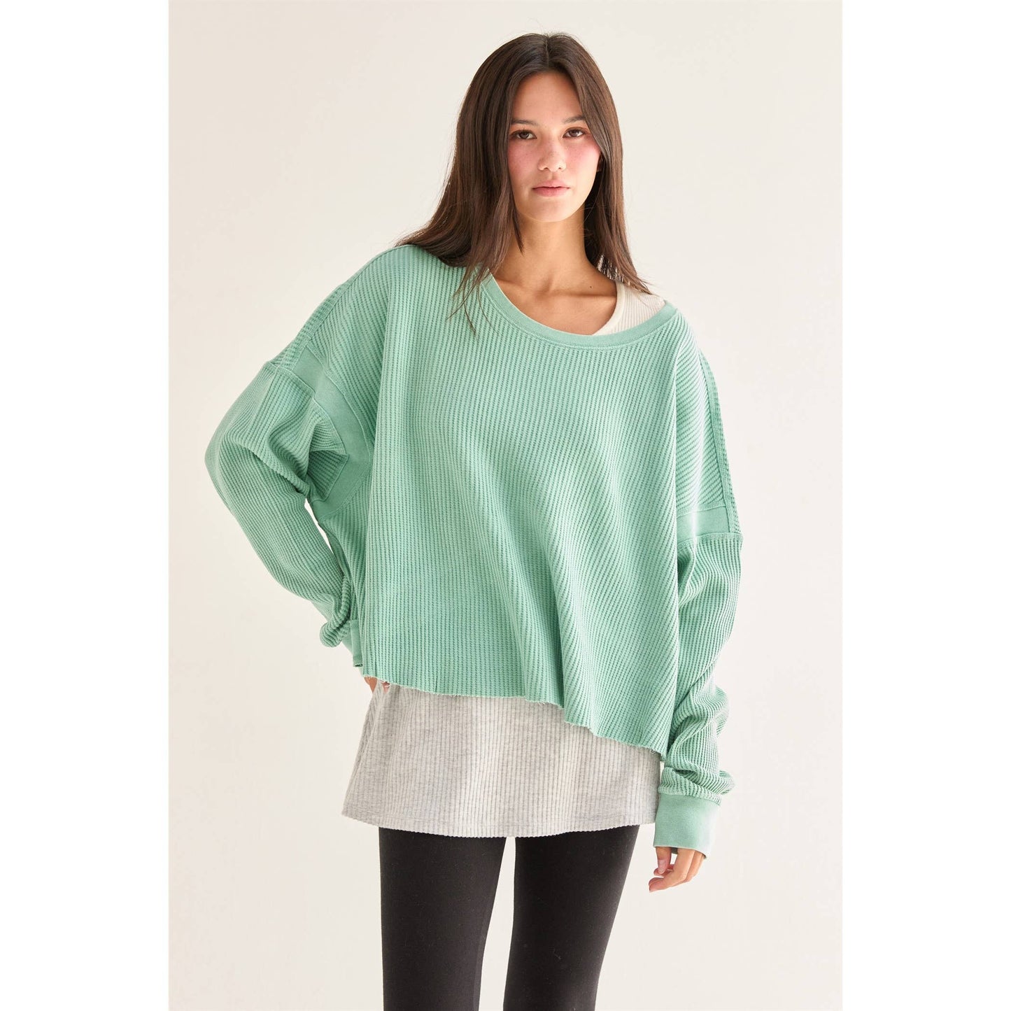 Open Back Textured Knit Long Sleeve Top: EMERALD