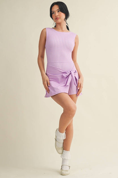 Gingham Print Sleeveless Wrap Tie Front Dress : Purple Gingham