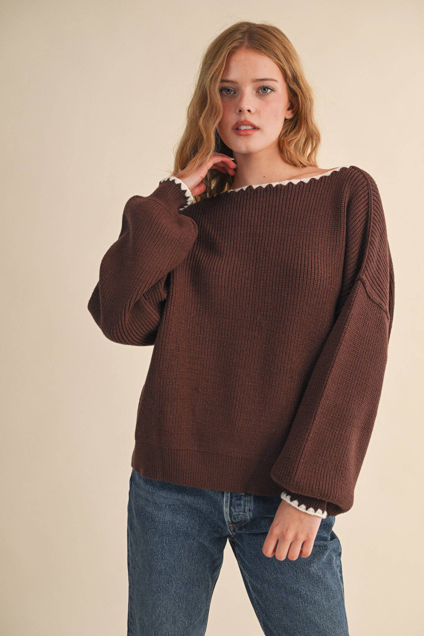 BOAT NECK TRIANGLE STITCH PUFF SLEEVE SWEATER MSW11245: MINT BURGUNDY
