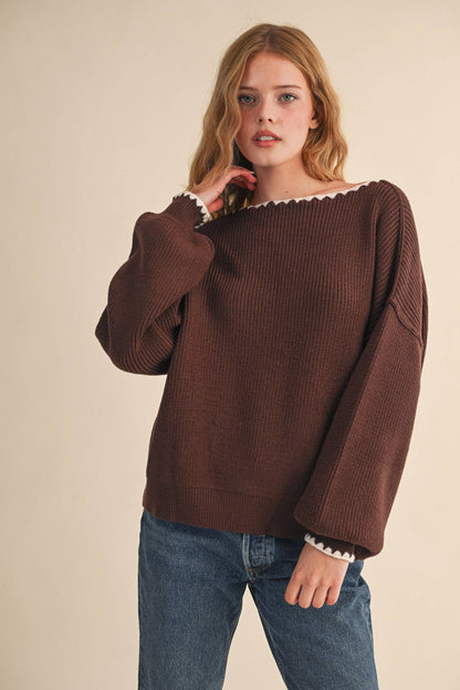 BOAT NECK TRIANGLE STITCH PUFF SLEEVE SWEATER MSW11245: MINT BURGUNDY