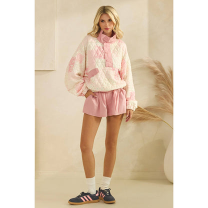 Textured Contrast printed Quarterzip Sweater: Pink Combo
