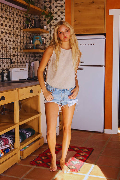 Side Tie Solid Linen Textured Tank Top: Natural