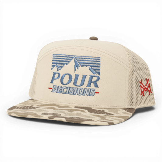 Pour Decisions Trucker Hat: 7 Panel Desert/Natural