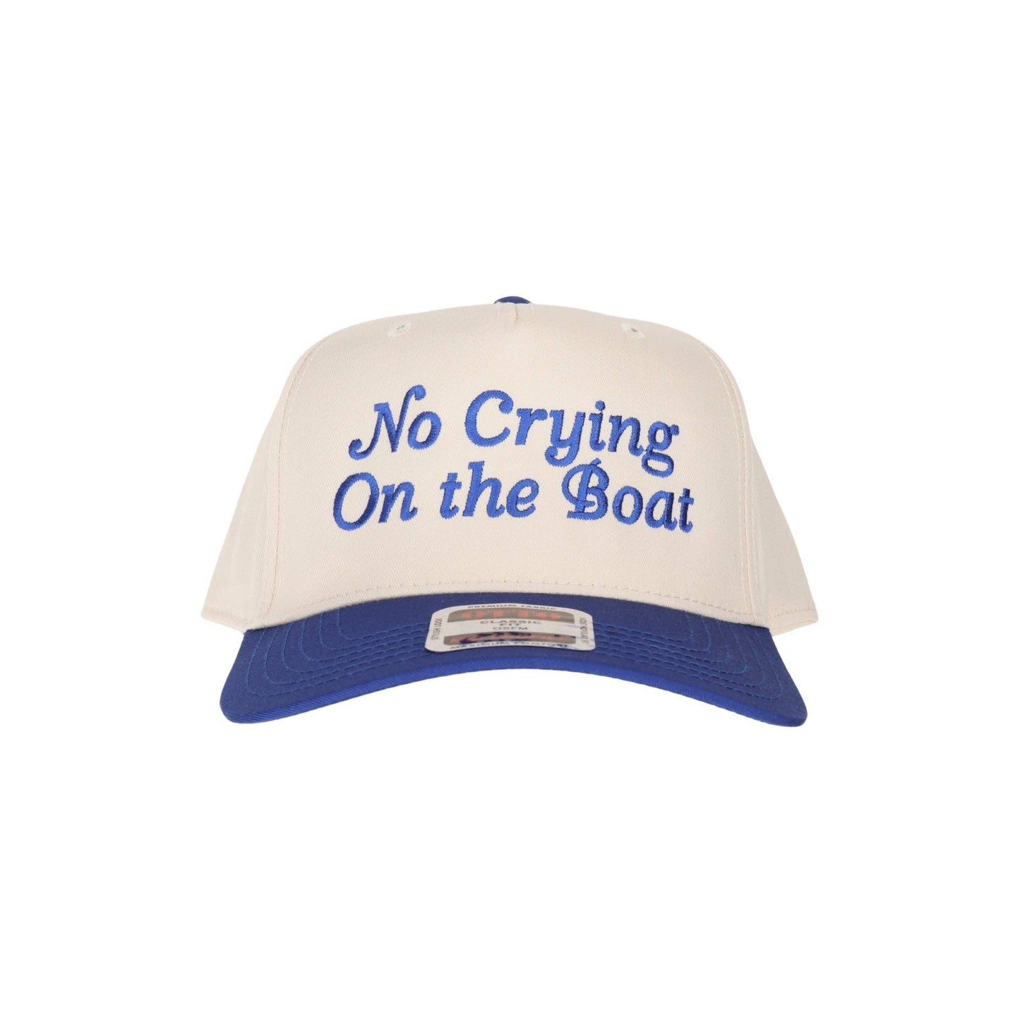 No Crying on the Boat Embroidered Trucker Hat: Blue Stripe/Pink