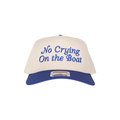 No Crying on the Boat Embroidered Trucker Hat: Blue Stripe/Pink