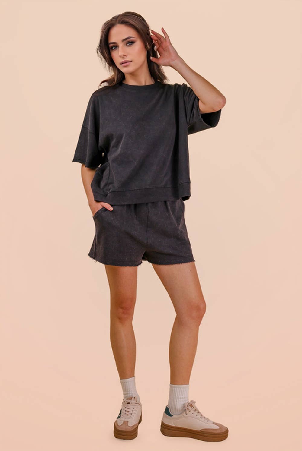 Mineral Washed Knit Casual Top & Shorts: DENIM