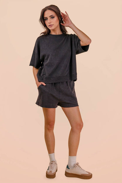 Mineral Washed Knit Casual Top & Shorts: DENIM